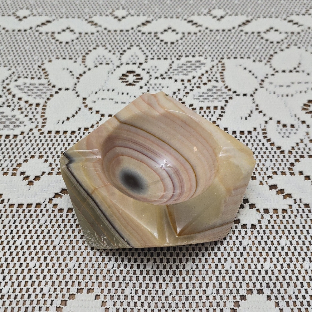Vintage MCM Onyx Ashtray Marble Alabaster Heavy Stone Cream Green Pink Tan - Picture 16 of 16